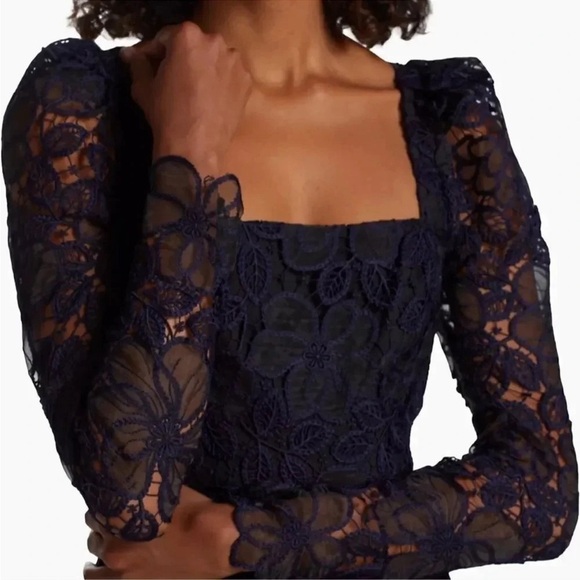 Monique Lhuillier Blue Crochet Lace Organza Long Sleeve Mini Dress - Picture 11 of 11